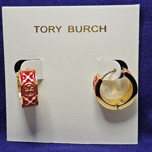 Tory Burch 18k gold plated Red Enamel Gold Huggie Earrings Logo New in Tory bag